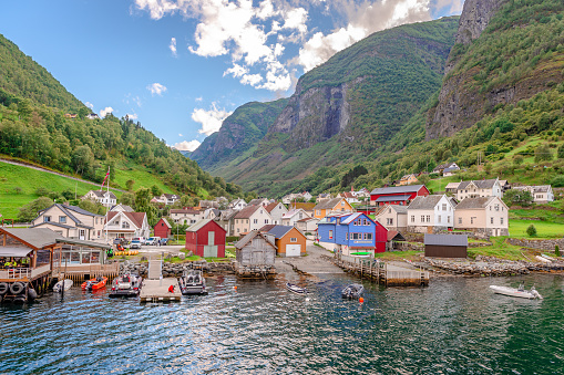 Undredal, Norway - August 17 2022: View of the village from Aurlandsfjord. Undredal is a picturesque tiny village in Aurland Municipality in Vestland county and a popular tourist destination.