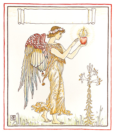 Angel holding burning heart Art nouveau design book illustration 1899
Original edition from my own archives
Source : Queen Summer or The journey of the Lily and the rose - Walter Crane 1899
Walter Crane ( 15 August 1845  14 March 1915 ) was an English artist and book illustrator. He is considered to be the most influential, and among the most prolific, children's book creators of his generation.