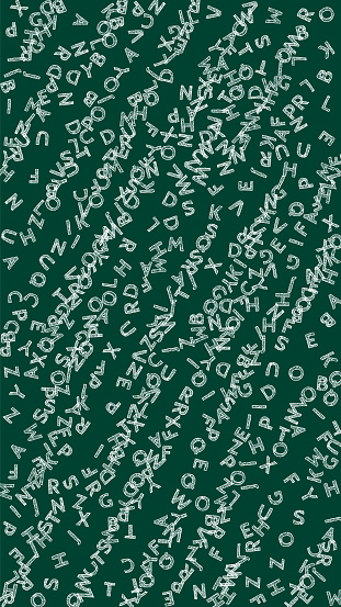 Falling letters of English language. Chalk sketch flying words of Latin alphabet. Foreign languages study concept. Fantastic back to school banner on blackboard background.