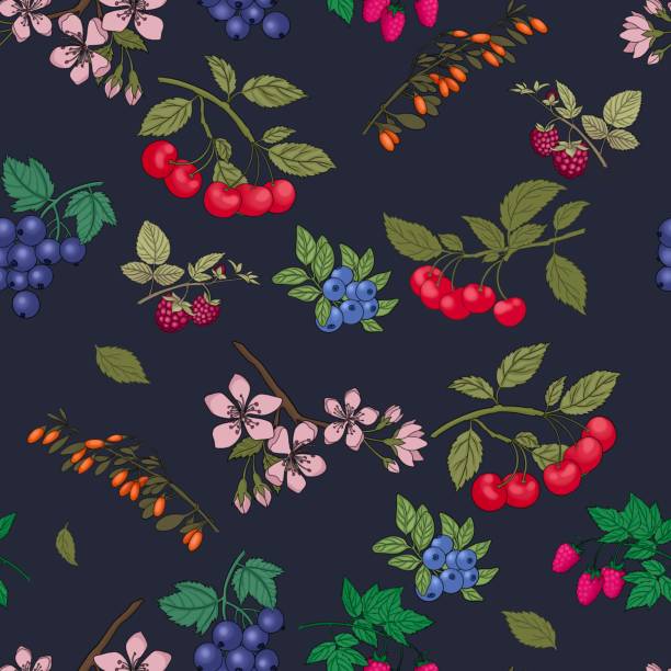 bezszwowy wzór botaniczny, jasny naturalny nadruk z krzewami borówki, wiśnią, żurawiną, maliną. - berry fruit blueberry floral pattern strawberry stock illustrations