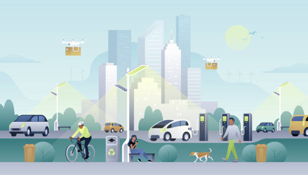 nowoczesne miasto smart city. publiczne stacje ładowania, oświetlenie uliczne i dostawa dronów. ludzie chodzą i korzystają z energii słonecznej i wiatrowej. - air transport building stock illustrations