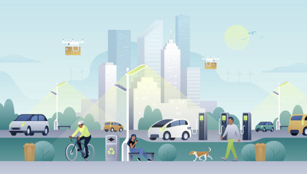 Smart city modern illustration. Public charging stations, street lighting and drone delivery. People walk and use solar and wind energy. The landscape of the contemporary city. Innovative technologies for saving the planet. solar street lights stock illustrations