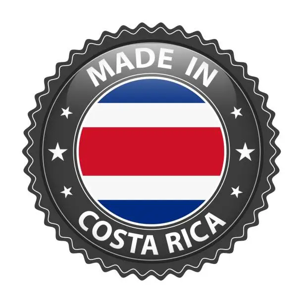 Vector illustration of Made in Costa Rica badge vector. Sticker with stars and national flag. Sign isolated on white background.