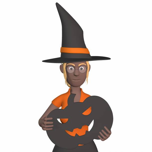 istock a black girl in a witch hat holds a decorative pumpkin for Halloween 3d-rendering 1431139185