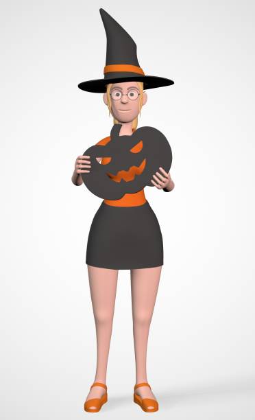 istock a girl in a witch hat holds a decorative pumpkin for Halloween 3d-rendering 1431139243