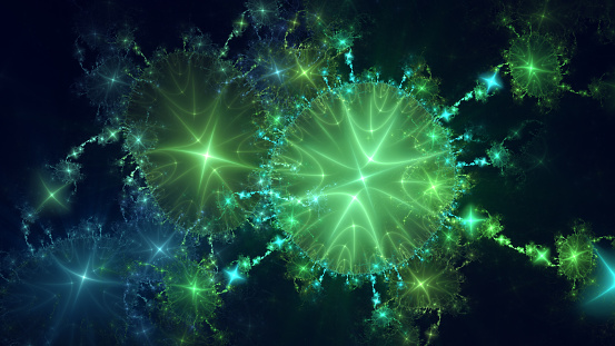 Abstract fractal art background. Green and blue glowing shapes, which perhaps suggest jellyfish or micro-organisms.