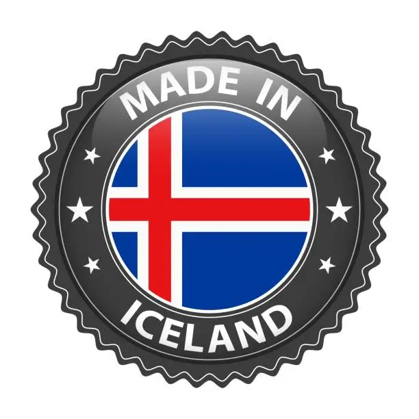 Vector illustration of Made in Iceland badge vector. Sticker with stars and national flag. Sign isolated on white background.