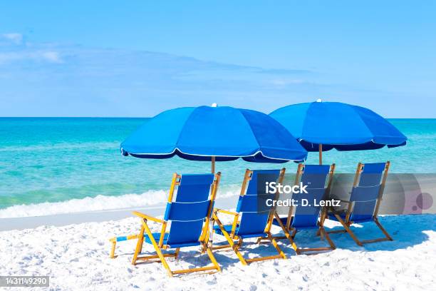 Beach Chairs And Umbrella Stock Photo - Download Image Now - Outdoor Chair, Armchair, Beach