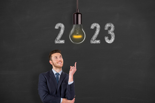 New Year 2023 Idea Concepts on Blackboard Background