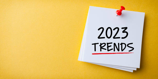 istock Trends 2023 Word in Yellow Sticky Note on Yellow Cardboard Background 1431150320