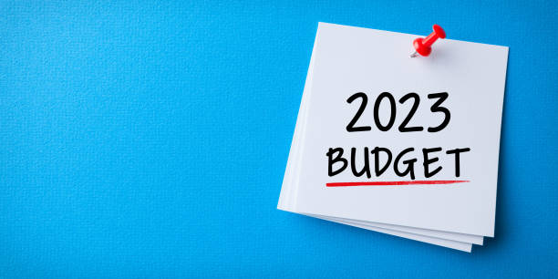 istock Budget 2023 Word in White Sticky Note on Blue Chardboard Background 1431150372