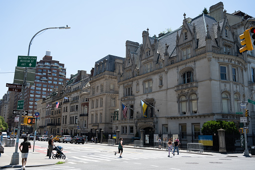 New York, NY, USA - June 6, 2022: The Harry F. Sinclair House, which houses the Ukrainian Institute of America, and neighboring buildings on the Upper East Side.