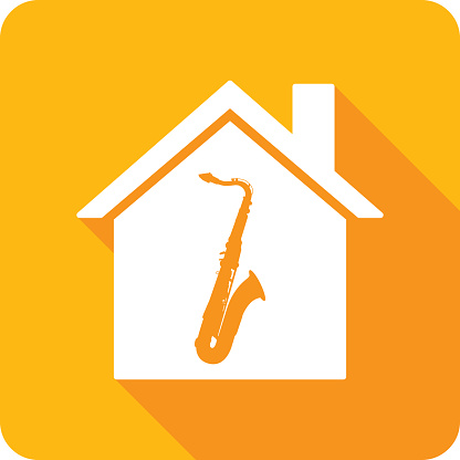 Vector illustration of a house with saxophone icon against a gold background in flat style.