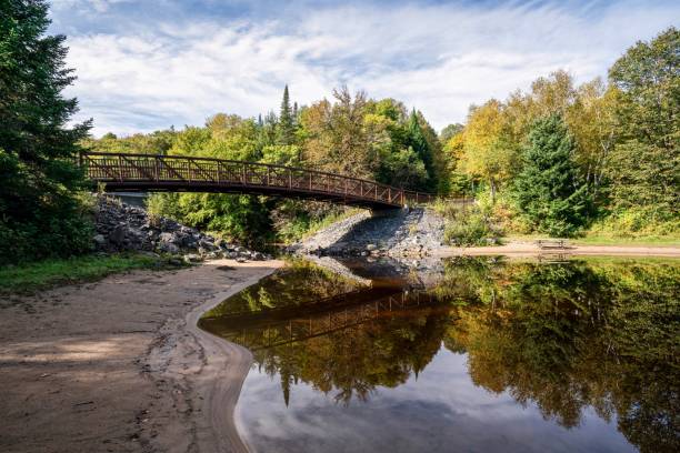 un puente peatonal en el parque provincial arrowhead, huntsville, ontario, canadá - arrowhead fotografías e imágenes de stock