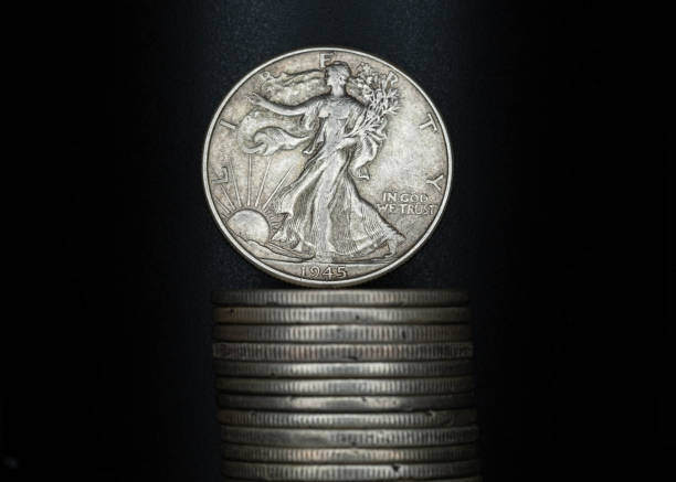 Silver Coins Black Background stock photo