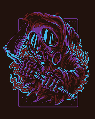 vector artwork illustration of an angel of death wearing a face shield, it looks like his hands are like bones