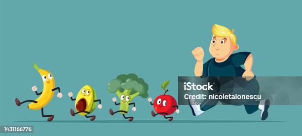 Overweight Man Chasing A Healthy Diet Vector Cartoon Illustration Stock  Illustration - Download Image Now - iStock