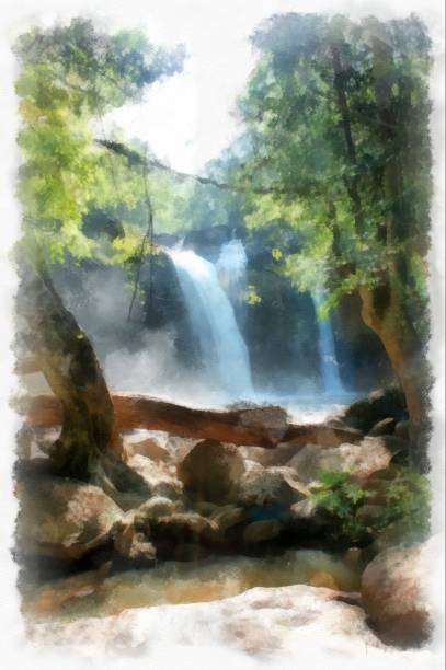 istock waterfall and forest landscape watercolor style illustration impressionist painting. 1431175364