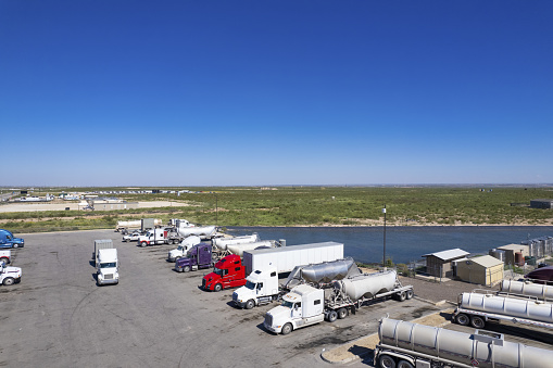 Semi trucks parked on a resting station in Texas, USA - drone