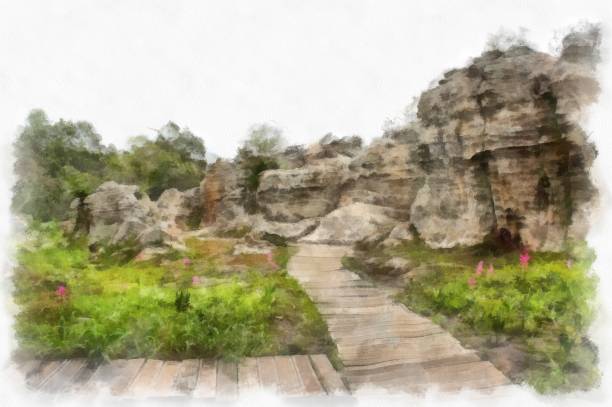 istock Mountain forest landscape and camping watercolor style illustration impressionist painting. 1431176202