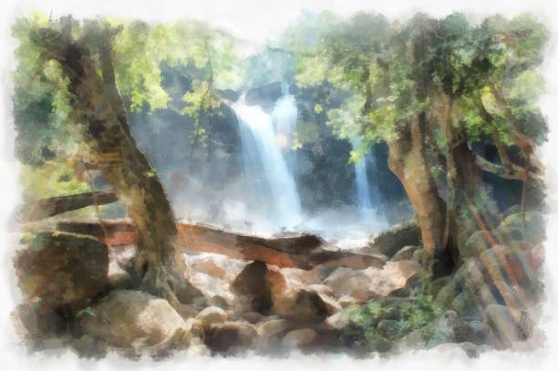 istock waterfall and forest landscape watercolor style illustration impressionist painting. 1431178312