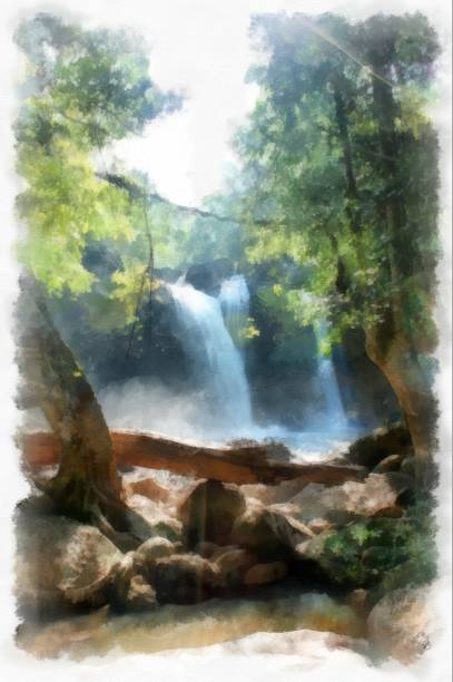 istock waterfall and forest landscape watercolor style illustration impressionist painting. 1431178964