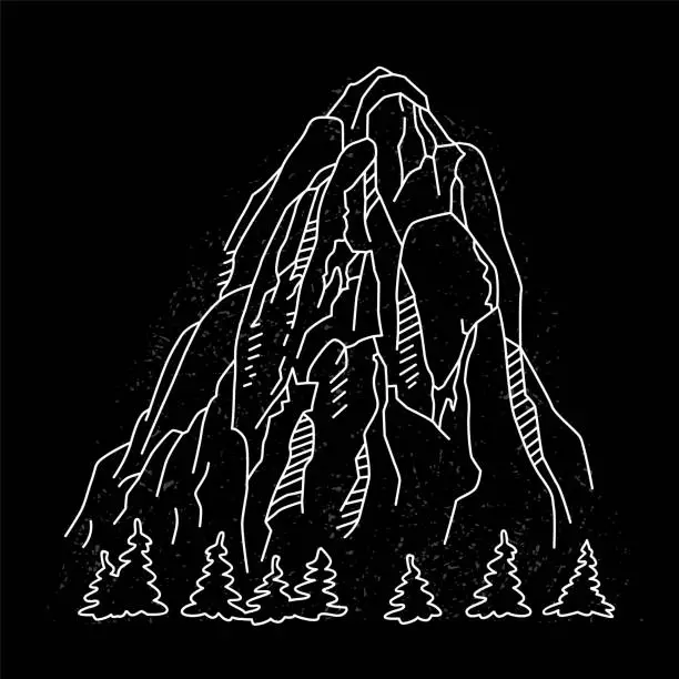 Vector illustration of Mountain and trees. Drawn with a white line. Contour vector drawing on the theme of mountains and mountain tourism.