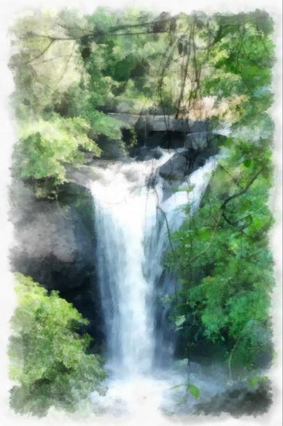 istock waterfall and forest landscape watercolor style illustration impressionist painting. 1431179835