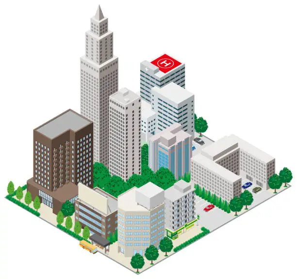 Vector illustration of Three-dimensional view of the townscape. Cityscape.
