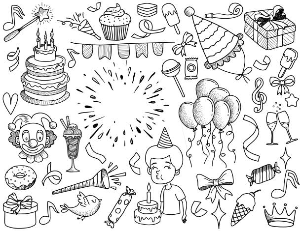 satz von doodle-cartoon-objekten und symbolen auf der geburtstagsfeier. - cupcake birthday birthday cake first place stock-grafiken, -clipart, -cartoons und -symbole