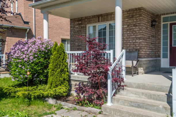 Branch of pink and purple lilac flower with green leaves near of porch of country house