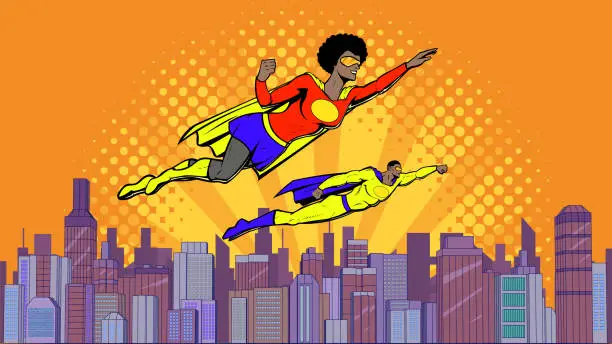 Vector illustration of Vector Superhero African American Couple Flying Above a City Pop Art Stock Illustration