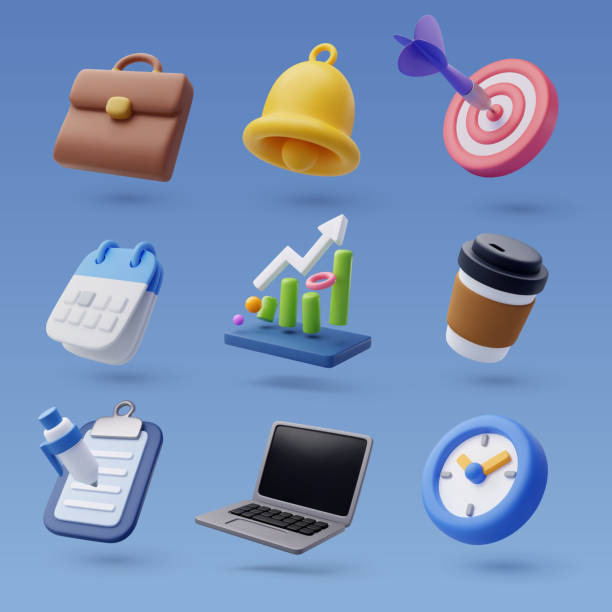 illustrazioni stock, clip art, cartoni animati e icone di tendenza di set di icona 3d office, concetto di business e finanza. - symbol computer icon calendar icon set