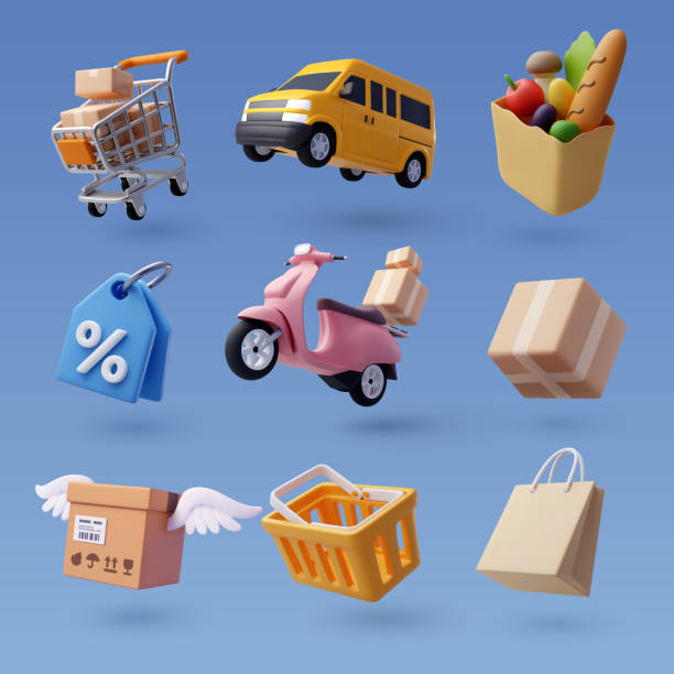 ilustraciones, imágenes clip art, dibujos animados e iconos de stock de conjunto de icono de compras en línea en 3d, concepto de negocios y envío gratuito. - shopping
