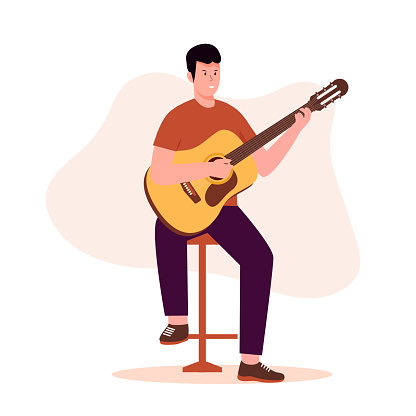 Flat design of men playing guitar while sitting on chair