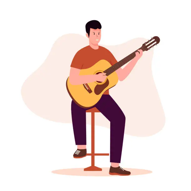 Vector illustration of Flat design of men playing guitar while sitting on chair