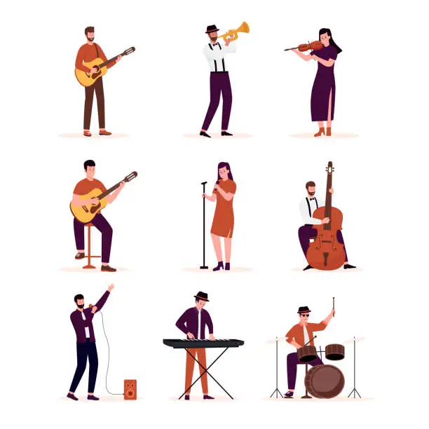 Vector illustration of Flat design of artists playing music instruments illustrations set