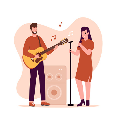 Flat design of man playing guitar and woman singing with microphone. Illustration for websites, landing pages, mobile applications, posters and banners. Trendy flat vector illustration
