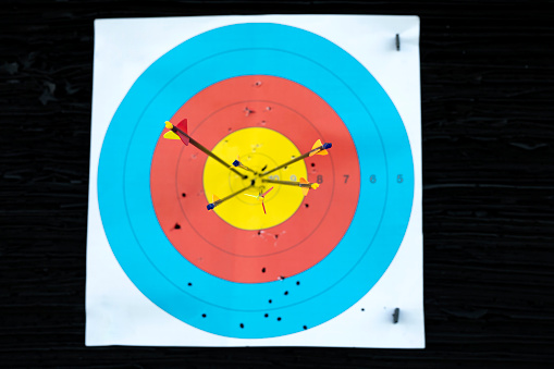 Archery arrows in the bull's-eye of a sports target.