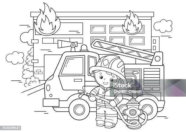 Ilustración de Dibujo Para Colorear Esquema Del Camión De Bomberos De  Dibujos Animados Con Bombero O