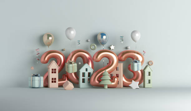 istock Happy new year 2023 decoration background with house building, balloon gift box, 3D rendering illustration 1431210065