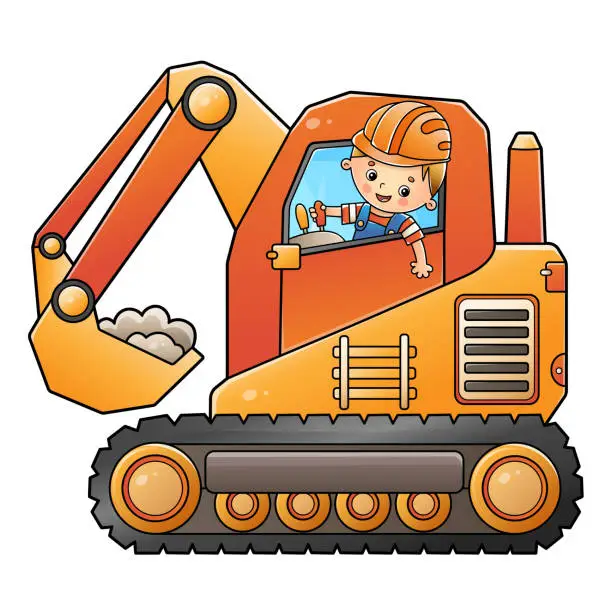 Vector illustration of Cartoon big crawler excavator with worker. Construction vehicles. Colorful vector illustration for children.