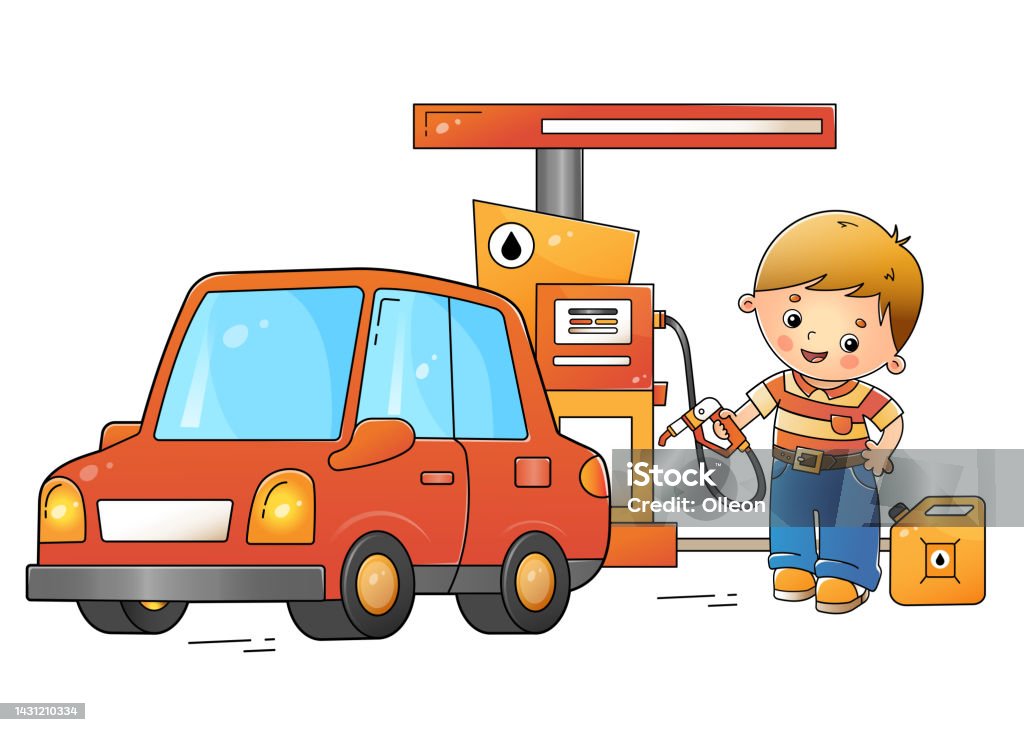Cartoon Red Passenger Car Or Machine With Driver On Petrol Station Images  Transport Or Vehicle For Children Colorful Vector Illustration For Kids  Stock Illustration - Download Image Now - iStock