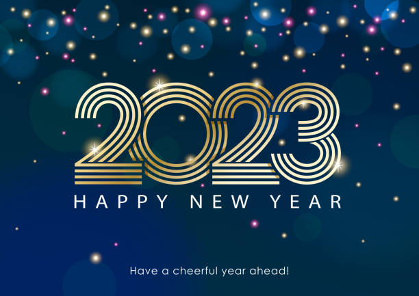 2023 New Year Celebrations Join the celebration party for the New Year 2023 with lights and outline of 2023 sparkling on the starry background happy new year stock illustrations