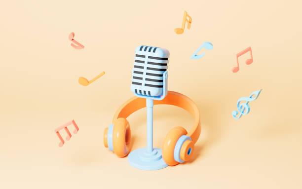 istock Microphone and earphones on the yellow background, 3d rendering. 1431212502
