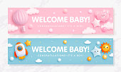 istock Set of baby shower invitation with cartoon hot air balloon, rocket, helium balloons and clouds on blue and pink background. It's a boy. It's a girl. Vector illustration 1431213186