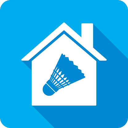 Vector illustration of a house with shuttlecock icon against a blue background in flat style.