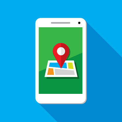 Vector illustration of a smartphone with map and red location marker icon against a blue background in flat style.