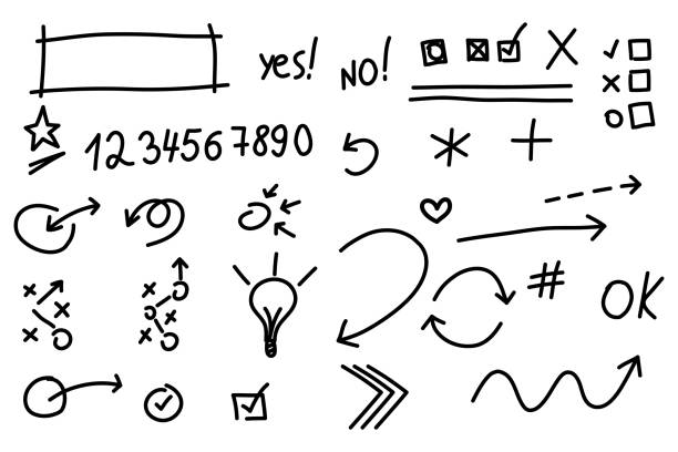 Hand drawn collection arrows, check mark, cross mark, vector line icons Hand drawn collection arrows, check mark, cross mark, vector line icons vignette stock illustrations