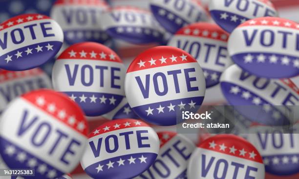 Usa Flag And Vote Badge Stock Photo - Download Image Now - Voting, 2022, American Culture
